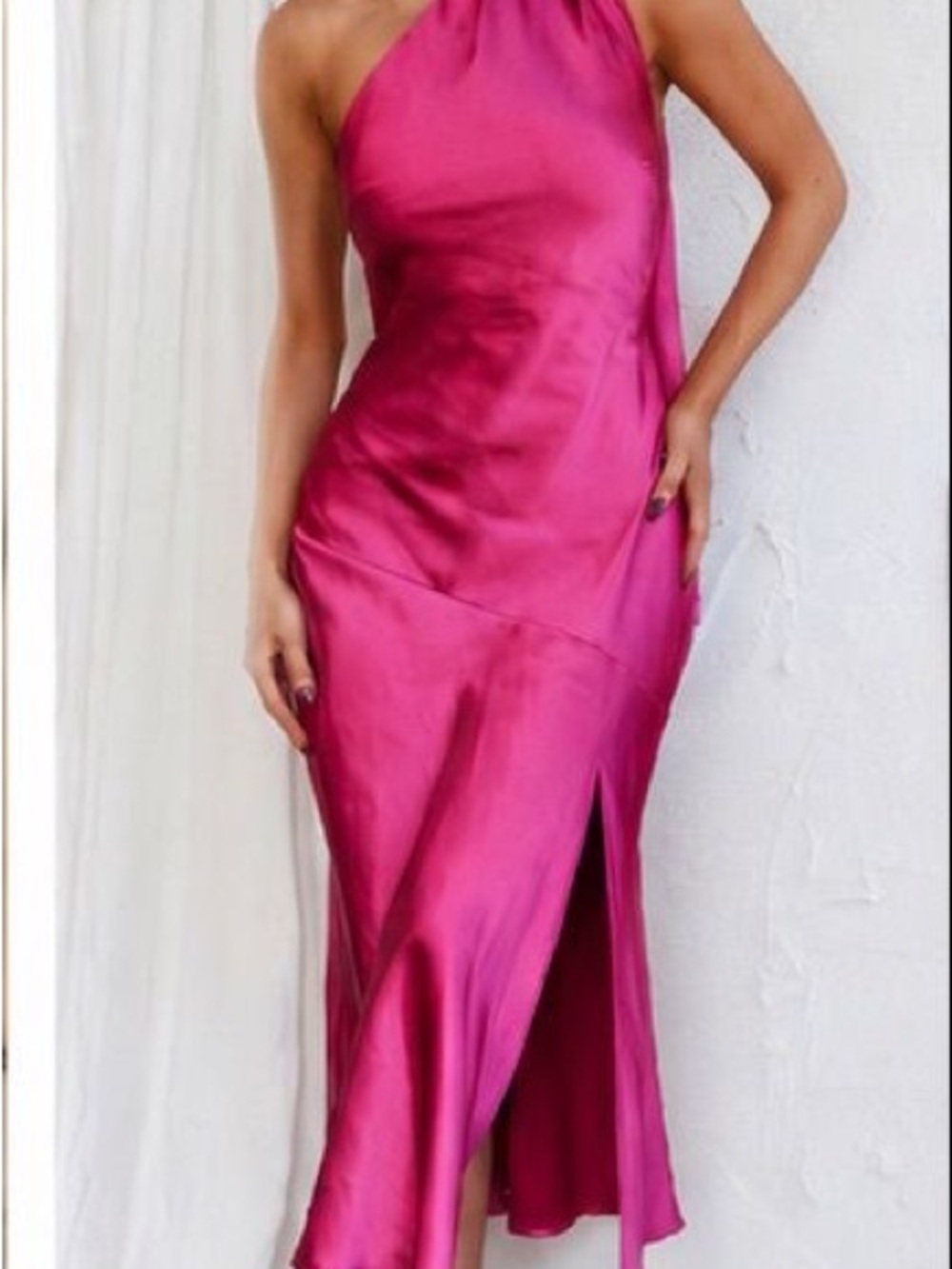 One-Shoulder Magenta Satin Maxi Dress